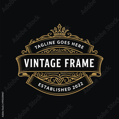 Illustrated classic vintage emblem with ornate crown and banners, elegant vector graphic design.