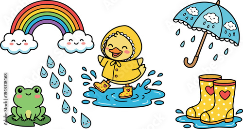 Cute cartoon duckling wearing yellow raincoat and boots jumping in blue puddle with happy rainbow frog smiling raindrops and dotted yellow boots with umbrella