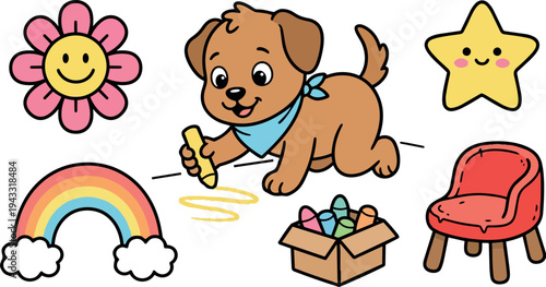 Cute cartoon puppy drawing with yellow chalk surrounded by colorful rainbow box flower star and red chair playful vector art