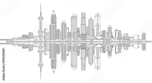 City skyline with tall buildings.