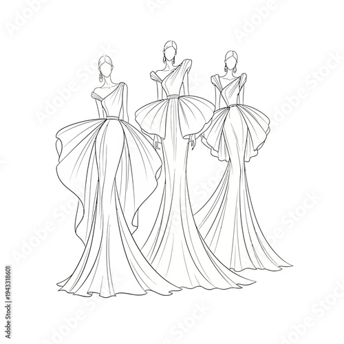 Collection of Fashionable Women's Outfits Illustrated in a Sketchy, Elegant Style.