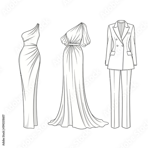 Collection of Fashionable Women's Outfits Illustrated in a Sketchy, Elegant Style.