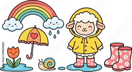 Cute cartoon lamb wearing yellow raincoat and pink floral boots standing near colorful rainbow umbrella flower and happy snail vector art