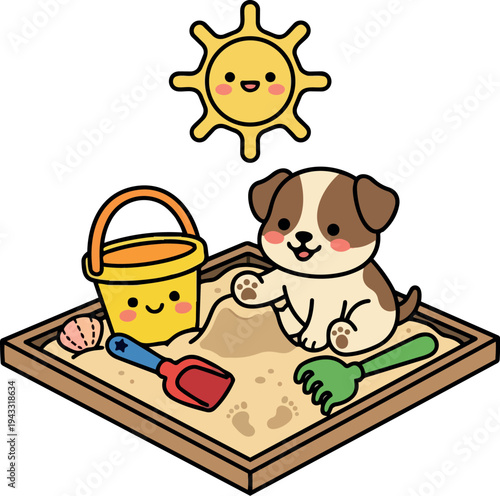 Cute cartoon puppy playing with smiling bucket and colorful shovel and rake in sandbox under sunny sky vector illustration