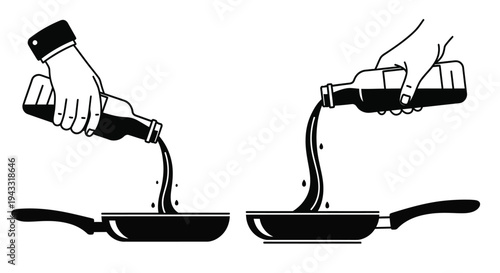 Pouring liquid from bottles into pans a striking black silhouette