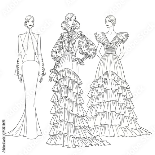 Three elegant fashion illustrations of women in elaborate historical-inspired gowns, showcasing dramatic silhouettes and intricate ruffles.