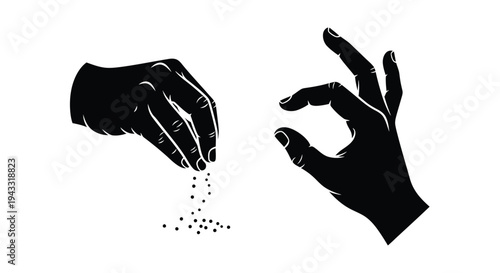 Two hands interacting one pouring particles into the other silhouette