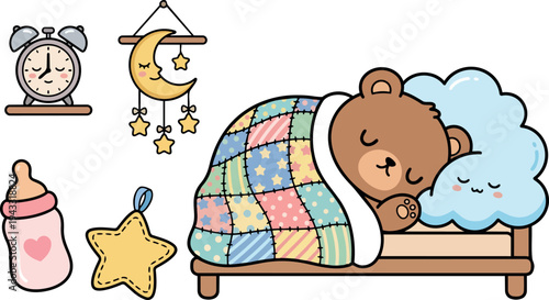 Cute sleeping teddy bear cuddling a cloud on colorful patchwork blanket in cozy bed with baby bottle star and alarm clock vector art