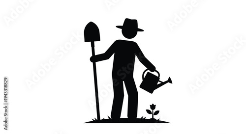 Gardener with tools and plant a striking black silhouette