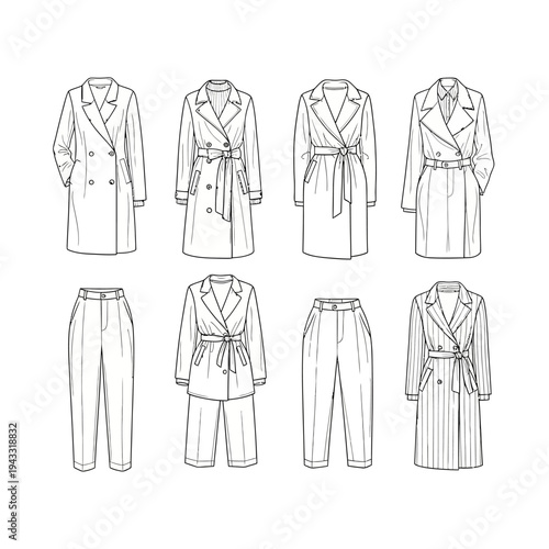 Collection of fashion illustrations featuring women's trench coats and trousers, presented in a clean, line-art style.