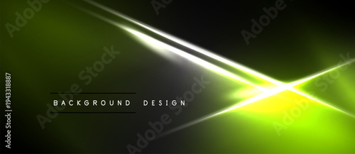 Dark background features vibrant green, yellow light streaks. Diagonal lines intersect creating bright focal point. Modern design element.
