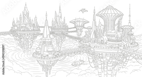 Fantasy futuristic cityscape with towers.