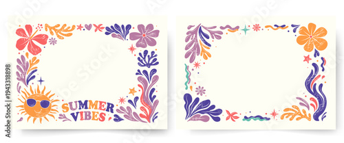 Summer frames with shells, tropical flowers, sun, corals. Retro frames with copy space. Groovy style border.