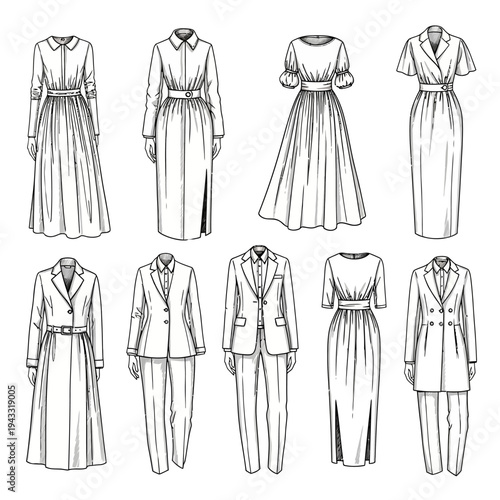 Collection of elegant women's formal wear, including dresses, suits, and tailored ensembles, presented in a detailed line drawing style.