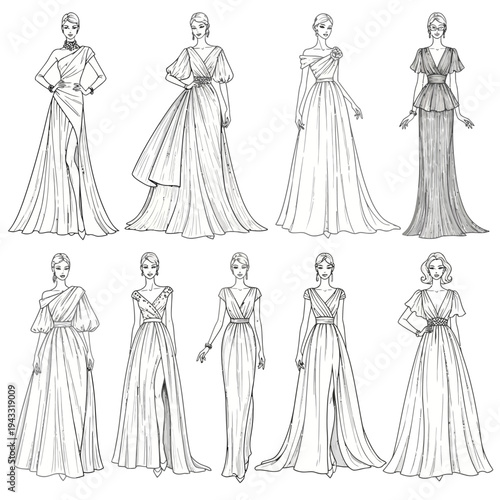 Collection of elegant evening gowns and formal dresses for women, showcasing diverse styles and silhouettes.
