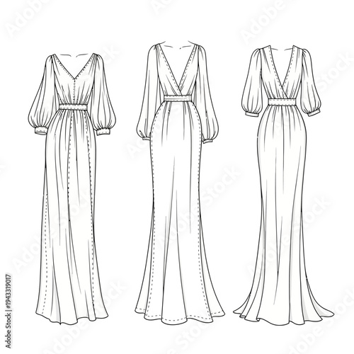 Collection of Fashionable Women's Outfits Illustrated in a Sketchy, Elegant Style.