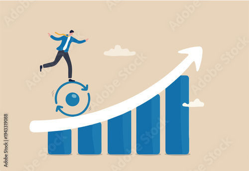 Continuous improvement, development cycle to improve quality, business strategy to grow and success, growth development concept, businessman riding improvement cycle uphill on growth business graph