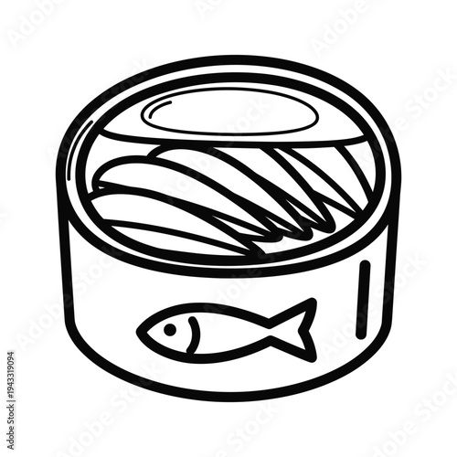 Open Tin Can with Fish Illustration, Line Art