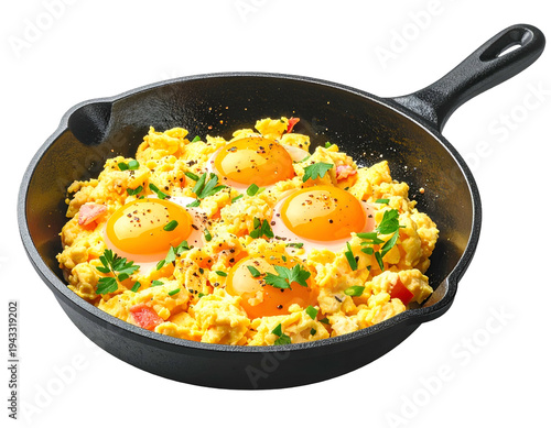 A cast-iron skillet filled with scrambled eggs, topped with sunny-side-up eggs, herbs, and spices