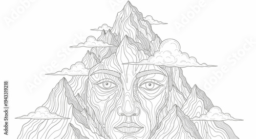 Mountain Face Illustration with Clouds.