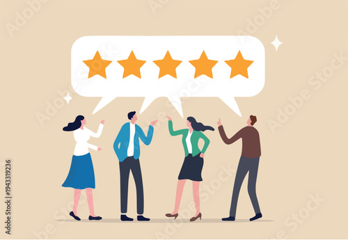 Customer loyalty, consumer satisfaction giving 5 stars rating feedback, best user experience or trust to use service again concept, various customer people giving 5 stars review for quality service