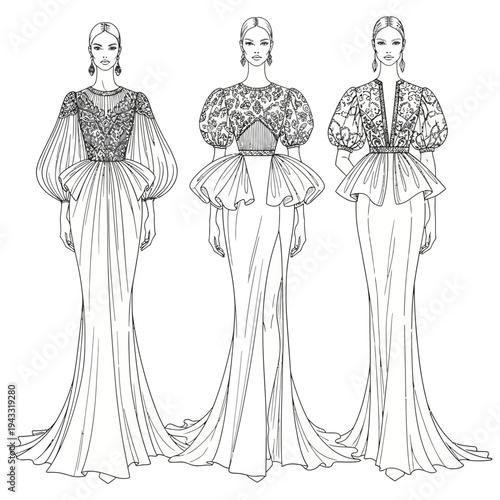 Three elegant fashion illustrations of women in elaborate gowns featuring voluminous sleeves, intricate bodices, and dramatic trains.