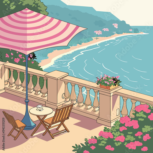 Beachside cafe terrace with tables and umbrellas in the morning sun