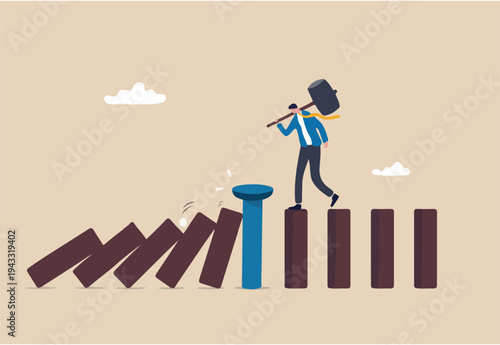 Business continuity and recovery, crisis management, proactive to protect disaster and risk, prevention or strategy to avoid danger concept, businessman put the nail to protect domino effect collapse