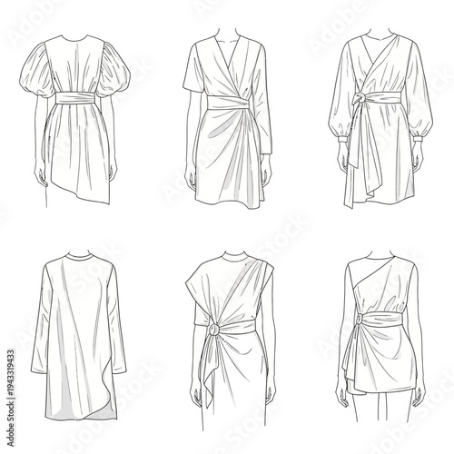 Collection of Fashionable Women's Outfits Illustrated in a Sketchy, Elegant Style.
