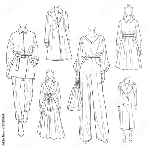 Collection of Fashionable Women's Outfits Illustrated in a Sketchy, Elegant Style.