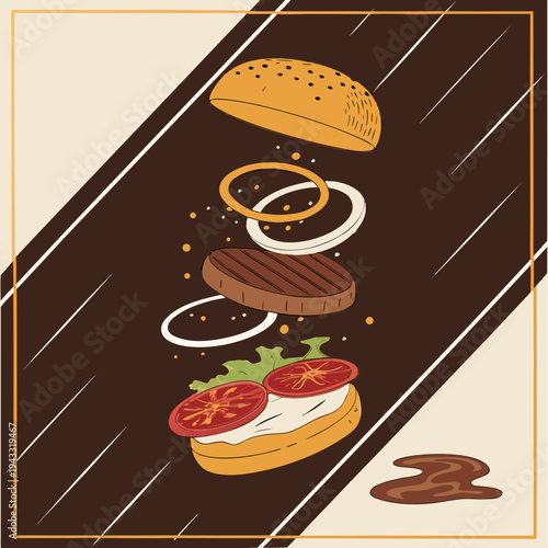 Cartoon vector illustration of a fast food icon set featuring hamburger burger pizza sandwich sausage and other meal items in a simple restaurant style