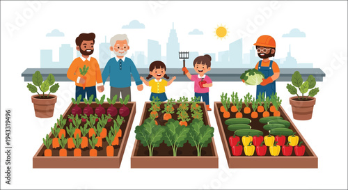 Community garden with diverse people growing vegetables in an urban setting