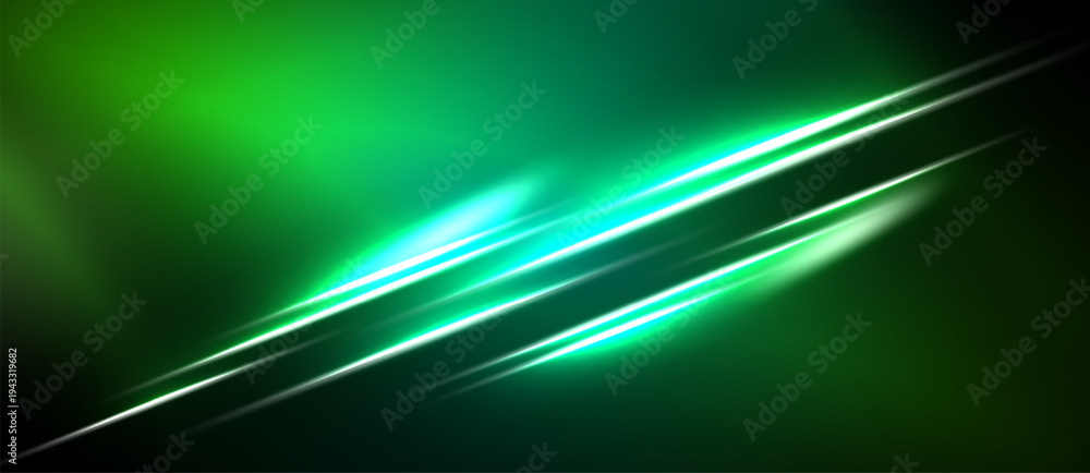Fototapeta premium Abstract green background features bright diagonal lines, creating dynamic light effects. Smooth gradients suggest energy, motion.