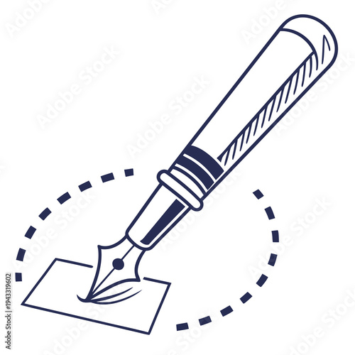 Classic fountain pen writing on a paper sheet surrounded by a dashed circle vector illustration for signature and professional document concepts art