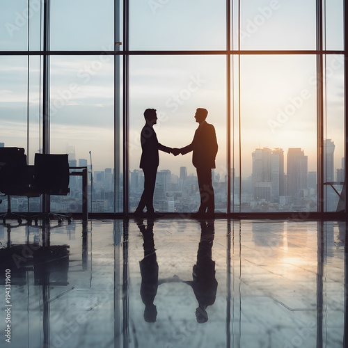 Business Deal Silhouette: Two professionals seal a deal with a handshake against a backdrop of a modern cityscape, symbolizing collaboration and agreement.