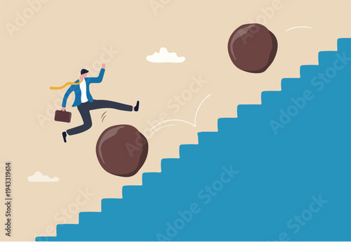 Overcome obstacle, effort or adversity for business growth, difficulty, challenge to win competition, skill or leadership concept, businessman jump over falling boulder to climb up stair of success