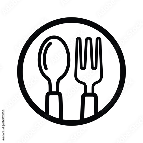 Spoon and Fork Icon in Circle, Minimalist Food Service Symbol, Vector Illustration