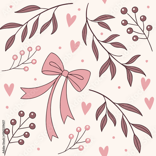 Cute Pink Ribbon Bow Illustration with Love Text