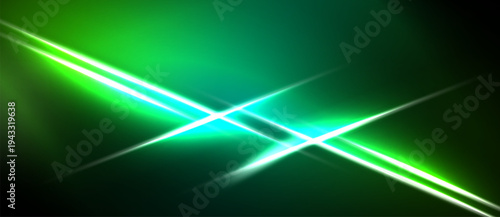 Dark background features bright green lines intersecting. Vivid light creates dynamic visual effect, energy radiates outward.