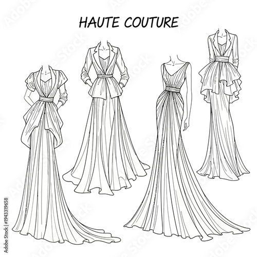 Elegant haute couture fashion illustrations showcasing flowing gowns with tailored jackets, emphasizing sophisticated design and luxurious fabric draping.