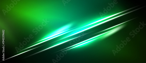 Abstract green background features bright diagonal lines, creating dynamic light effects. Smooth gradients suggest energy, motion.