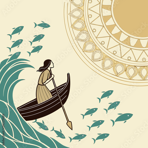 Cartoon vector illustration of a sailing boat on the sea with water, beach, fish, birds, and people enjoying summer nature under the sky