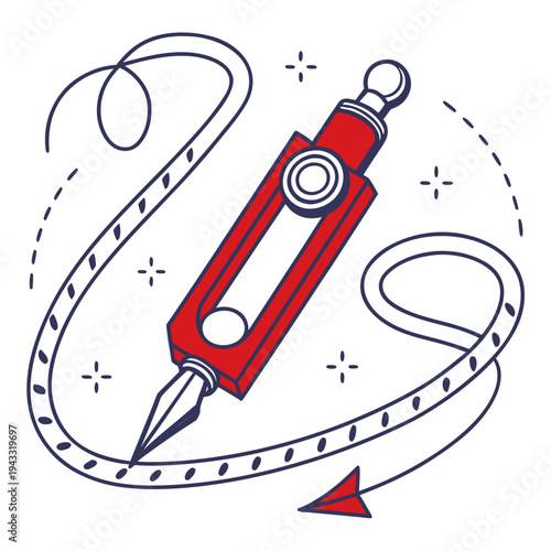 Compassing instrument with red detailing and a film strip or measuring tape wrapping around it with sparkles