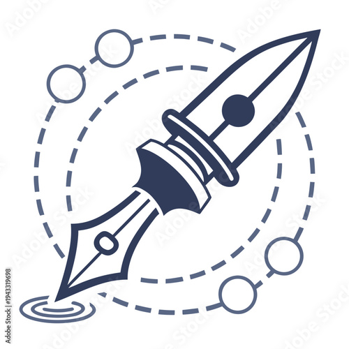 Fountain pen writing ripples and surrounded by a dashed circular line with four small circles at its circumference concept