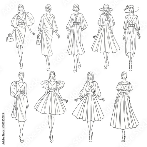 A collection of elegant vintage fashion illustrations showcasing women's dresses with voluminous sleeves, cinched waists, and stylish hats, presented in a clean, black and white line art style.