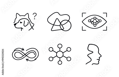 Line style vector icons of neural network visual anomalies: misidentified-object icon, abstract-shape motif, recognition-eye
