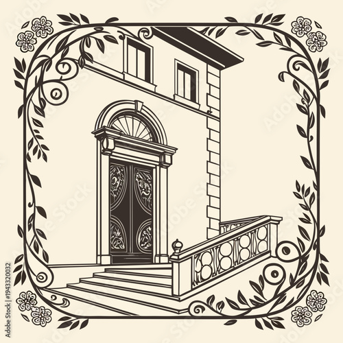 Decorative Floral Border with Bouquet Illustration