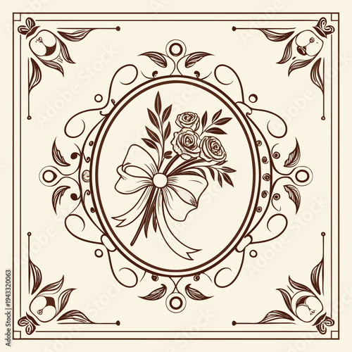 Decorative Floral Border with Bouquet Illustration