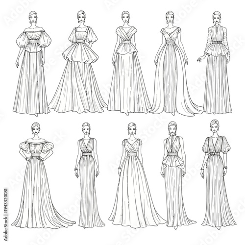 Collection of elegant, floor-length gowns for women, showcasing diverse sleeve and neckline designs, rendered in a detailed sketch style.
