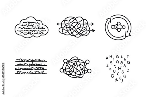 Line style vector icons of neural network degeneration: garbled-word cloud, algorithm-tangle motif, overtraining-loop arrow,
